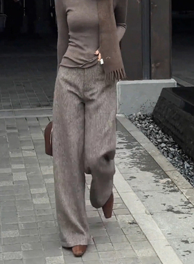 咖灰色羊绒毛呢休闲裤女轻奢高级2025秋季宽松高腰阔腿显瘦裤子