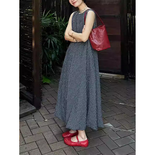 复古格子无袖背心连衣裙女2026