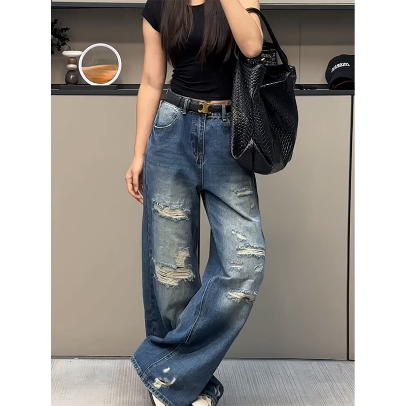 假破洞复古气质牛仔裤女2025秋冬