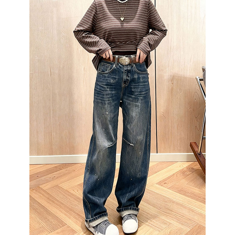 加绒加厚高腰阔腿破洞显瘦牛仔裤