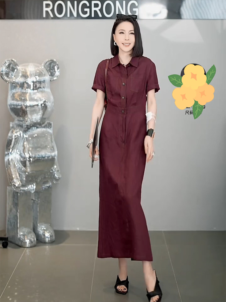 气质复古排扣POLO领亚麻衬衫裙女