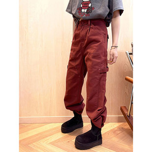 加绒加厚2025秋冬多口袋束脚裤长裤工装裤女士休闲裤红色美式复古
