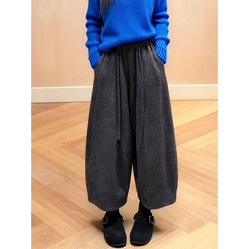 极简风高腰灰色毛呢阔腿裤