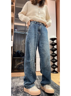 2025秋季新款蓝色弯刀牛仔裤女高腰梨型身材显瘦小众宽松百搭裤子