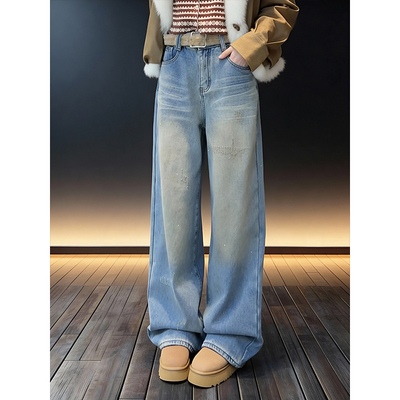 秋冬加绒加厚高腰显瘦阔腿牛仔裤