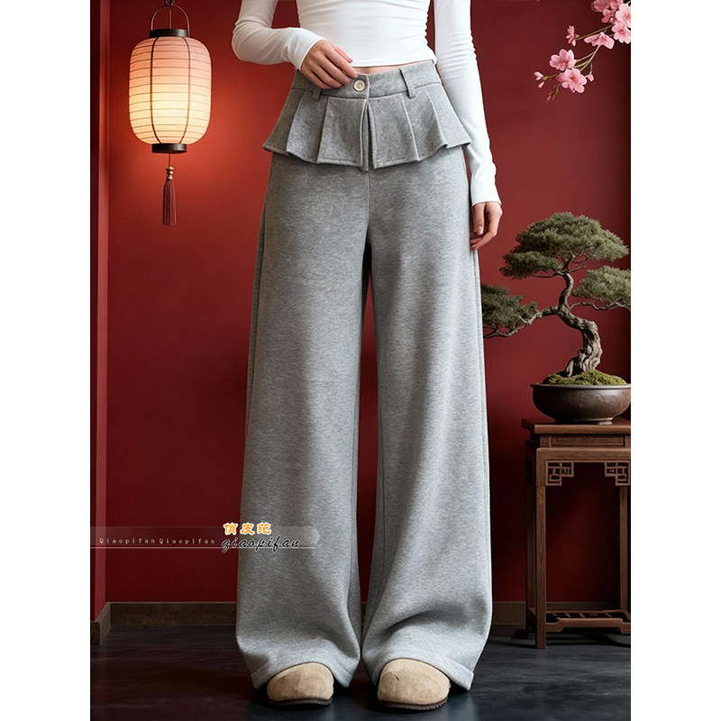 慵懒风假两件荷叶边阔腿裤女2026春季新款高腰显瘦宽松垂感长裤,女装/女士精品,休闲裤,淘宝优惠券,粉丝福利购,淘宝优惠卷