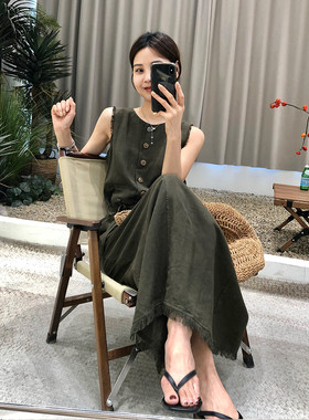 法式时尚亚麻无袖高级感背心长裙