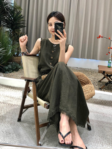 法式时尚亚麻无袖高级感背心长裙