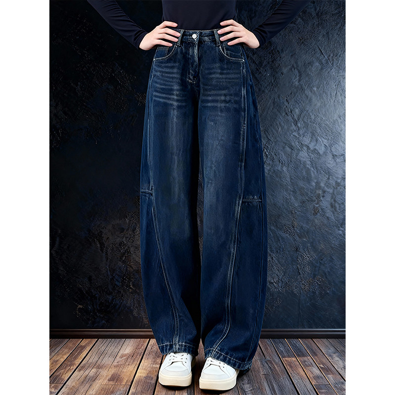 2026年春季新款工装风阔腿牛仔裤女宽松显瘦深蓝色水洗拖地长裤,女装/女士精品,大码裤装,淘宝优惠券,粉丝福利购,淘宝优惠卷