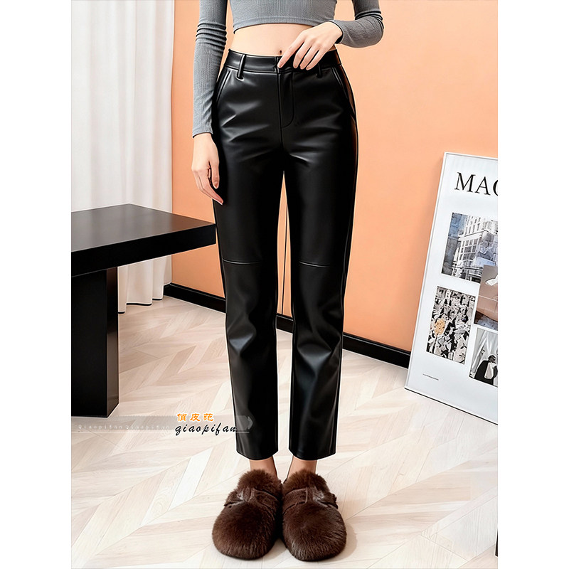 复古时尚黑色高腰显瘦直筒皮裤女2026春季新款百搭修身九分休闲裤,女装/女士精品,休闲裤,淘宝优惠券,粉丝福利购,淘宝优惠卷