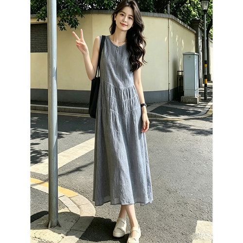 夏季无袖条纹宽松显瘦大码连衣裙