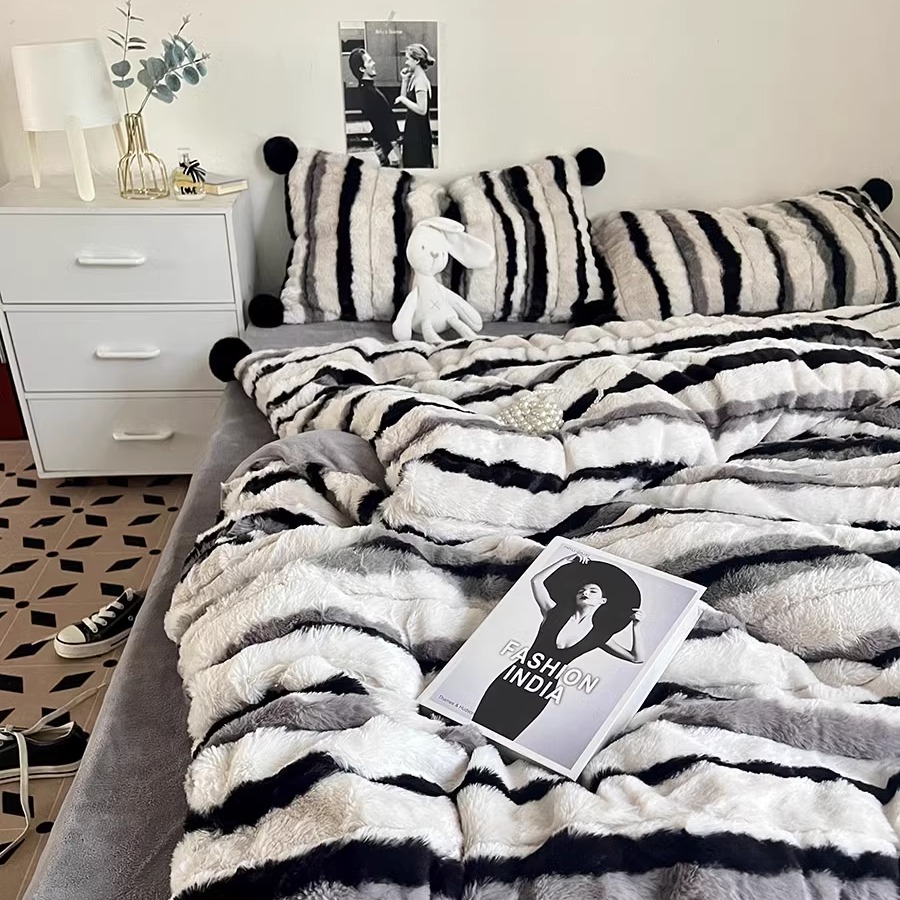 冬天加厚保暖韩式条纹兔毛绒四件套牛奶绒法兰绒床单被套床上用品