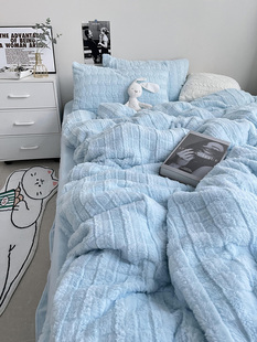 卡诗妮冬季保暖ins风兔兔绒床上四件套少女心蓝色牛奶绒被套床单4