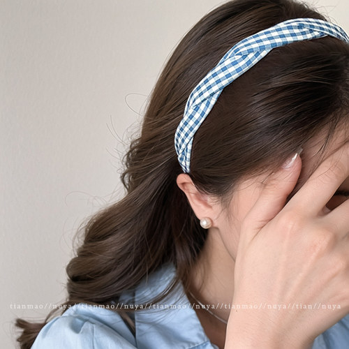 韩系格纹高颅顶发箍女日常外戴~