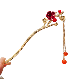 红色绒花发簪新中式高级感流苏簪子女古风步摇发钗新款盘发头饰