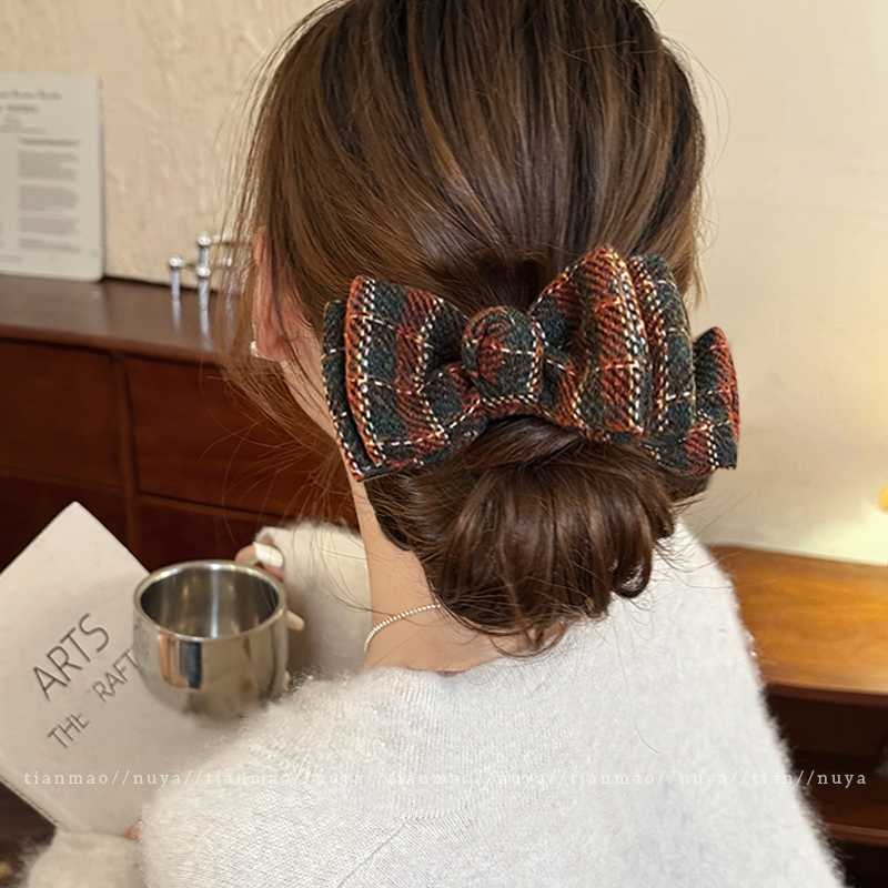 复古格纹蝴蝶结抓夹女高级感