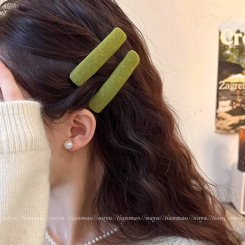 秋冬复古绿色毛呢刘海发夹女~