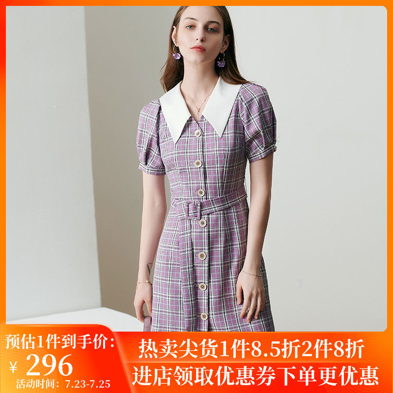 丹慕兰2020新款显瘦格纹连衣裙女翻领V领泡泡袖单排扣系带西装裙