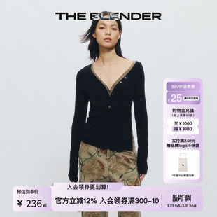 女上衣外穿 打底衫 The Blender深V不对称亨利领可叠穿性感修身