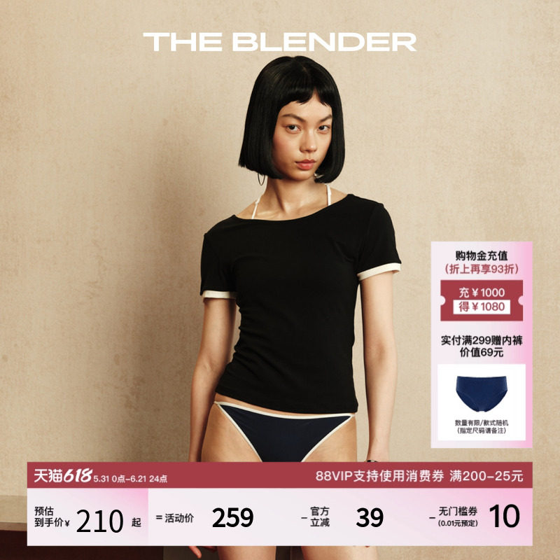 【新品】The Blender撞色袖口圆领修身后露背镂空夏季黑色短袖T恤