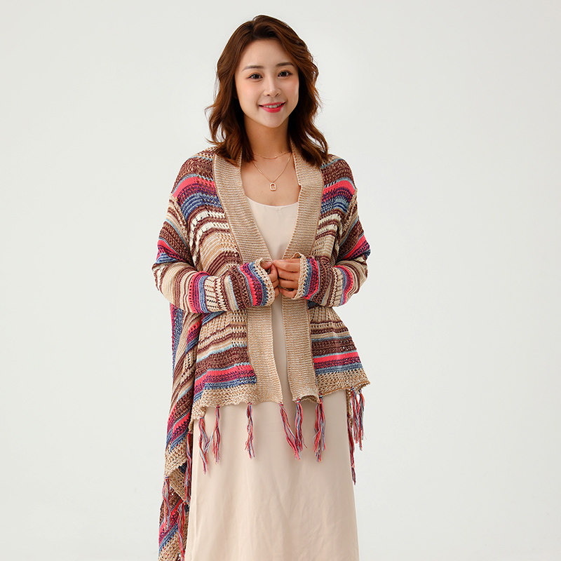 带袖针织镂空空调旗袍披肩开衫女外套百搭秋冬针织开衫旅游保暖
