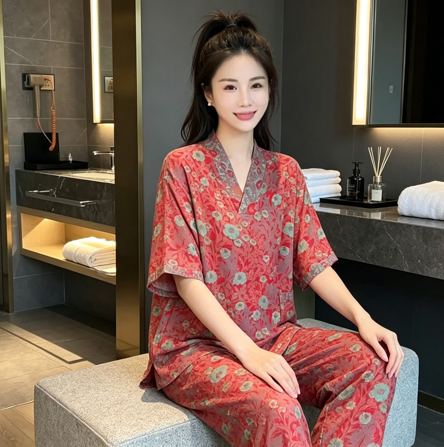 双层纱睡衣纯棉女短袖长裤家居服