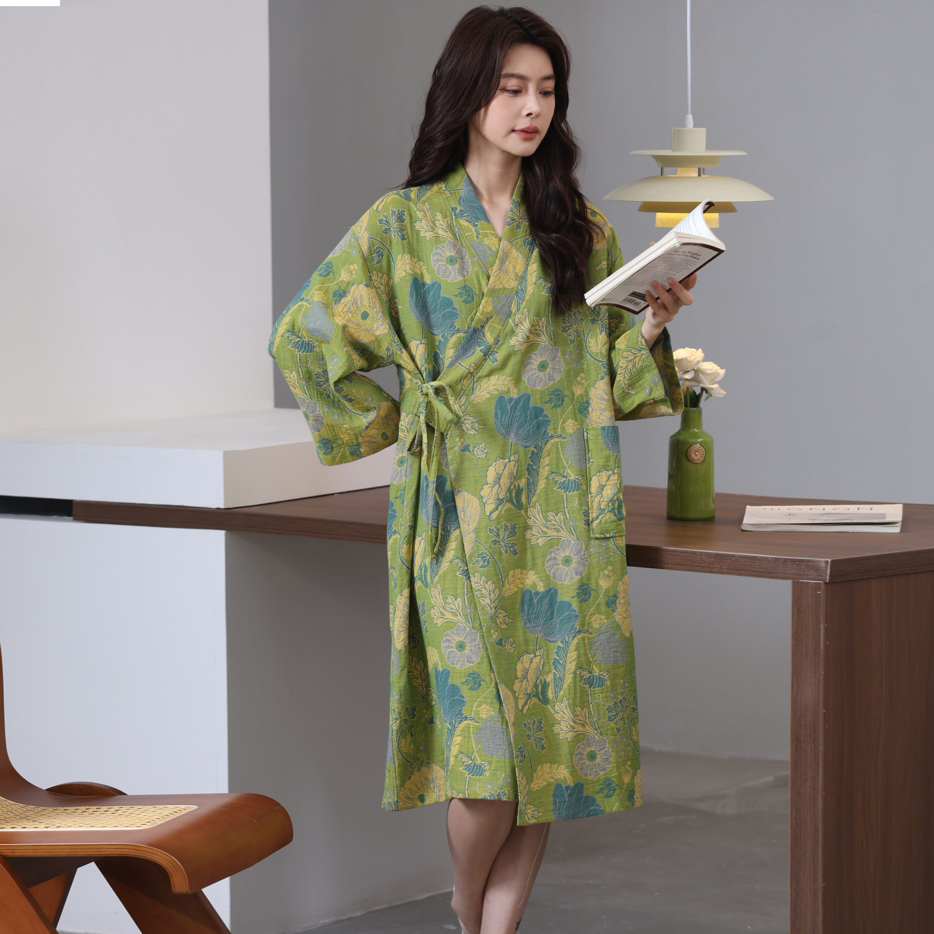 浴袍女士中国风夏季薄款纯棉双层纱布女式全棉晨袍睡袍显瘦家居服