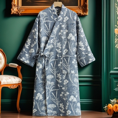 睡袍女浴袍纯棉双层纱男士汗蒸服