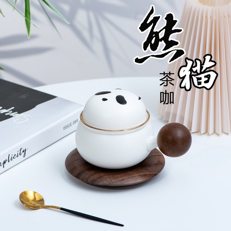 木舟茶事熊猫陶瓷马克杯带盖带勺水杯创意茶杯生日礼物女生咖啡杯