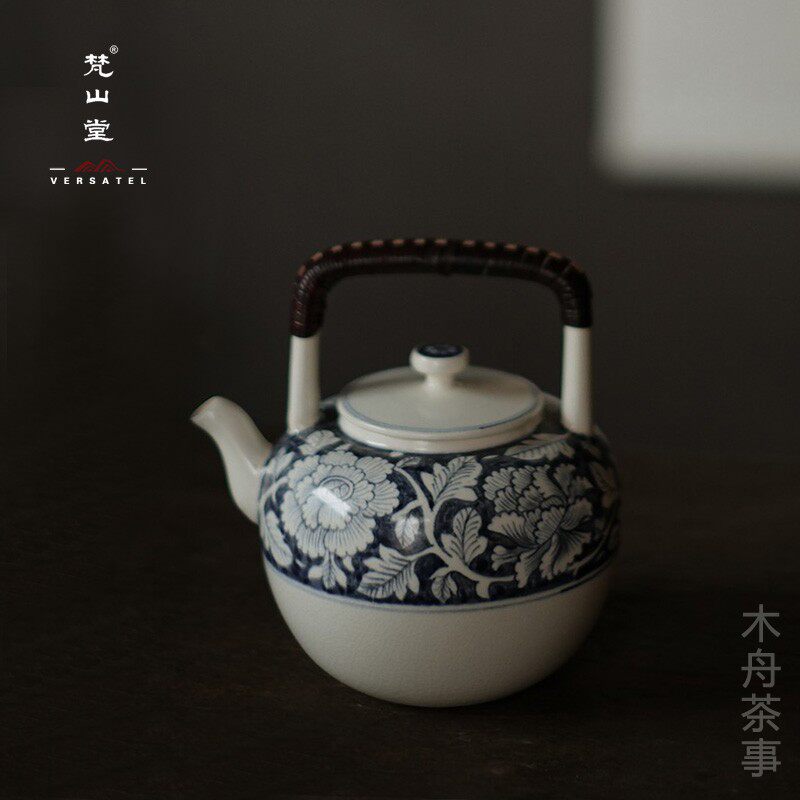梵山堂苏打釉青花牡丹小吴经壶景德镇茶具高档泡茶家用陶瓷提梁壶
