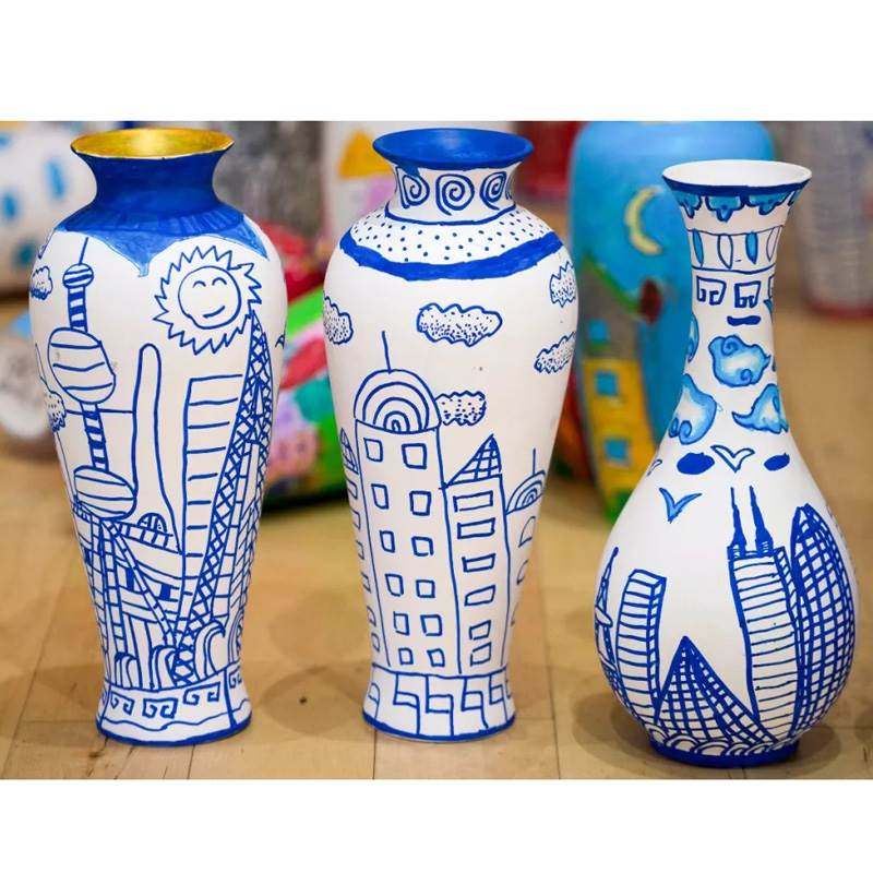 素胚花瓶白色陶瓷白胚釉下彩彩绘非石膏儿童手工画画陶艺素坯