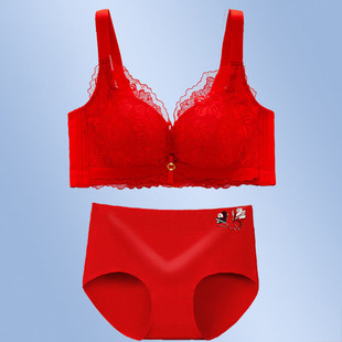 内衣内裤套装女大红色本命年属马结婚新娘加厚小胸聚拢无钢圈文胸
