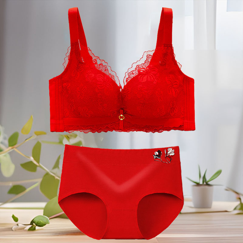 红色内衣套装女加厚小胸聚拢显大本命年高档结婚新娘无钢圈文胸罩