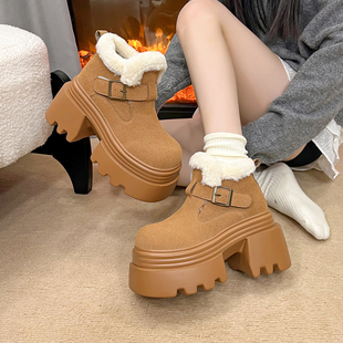 高级毛毛加绒保暖棉鞋女2025冬季新款10cm增高厚底松糕短靴雪地靴