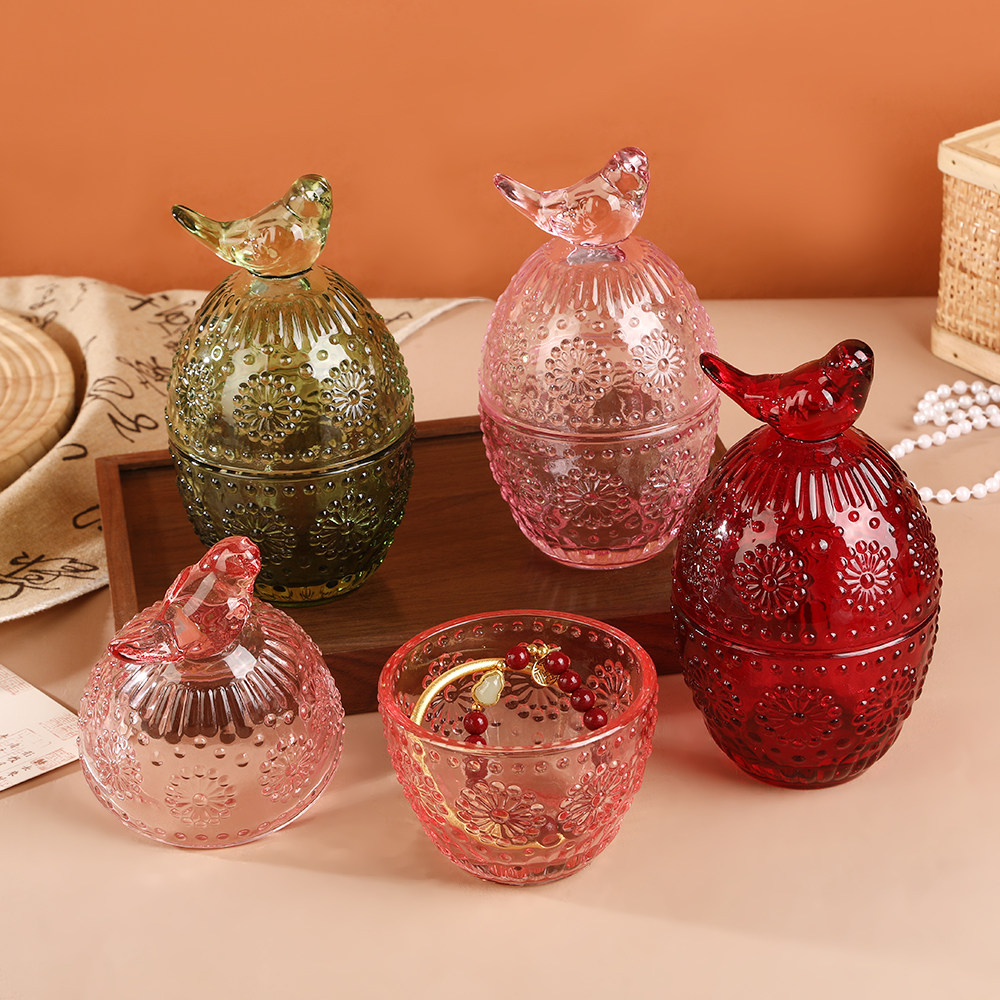 玻璃浮雕刻花小鸟糖果收纳罐