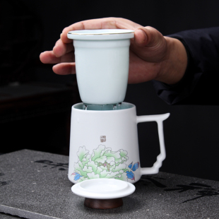 原源茶水分离带盖过滤办公茶杯陶瓷家用会客大容量泡茶杯子定制