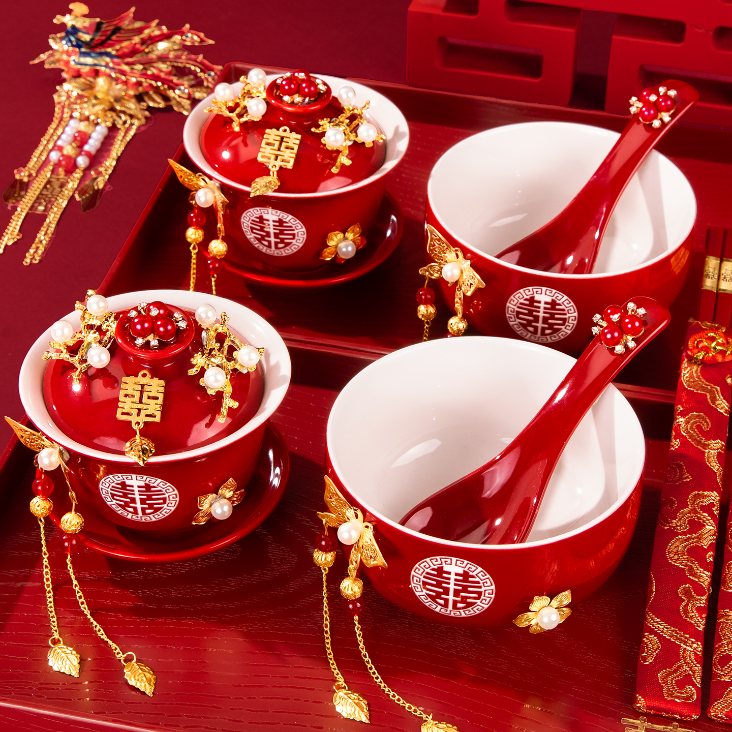 结婚喜庆敬茶杯喜碗筷套装