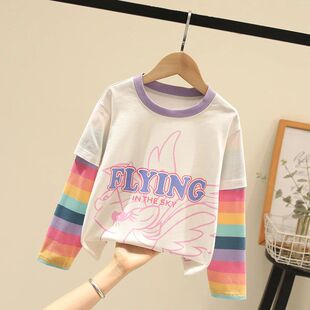 女童假两件长袖T恤洋气儿童校园风上衣儿童女宝宝春秋薄款打底衫
