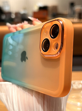 金属框精孔渐变橙绿适用苹果16手机壳新款16promax套iphone16pro硅胶苹果15防摔苹果13全包14超好看12女款Pro
