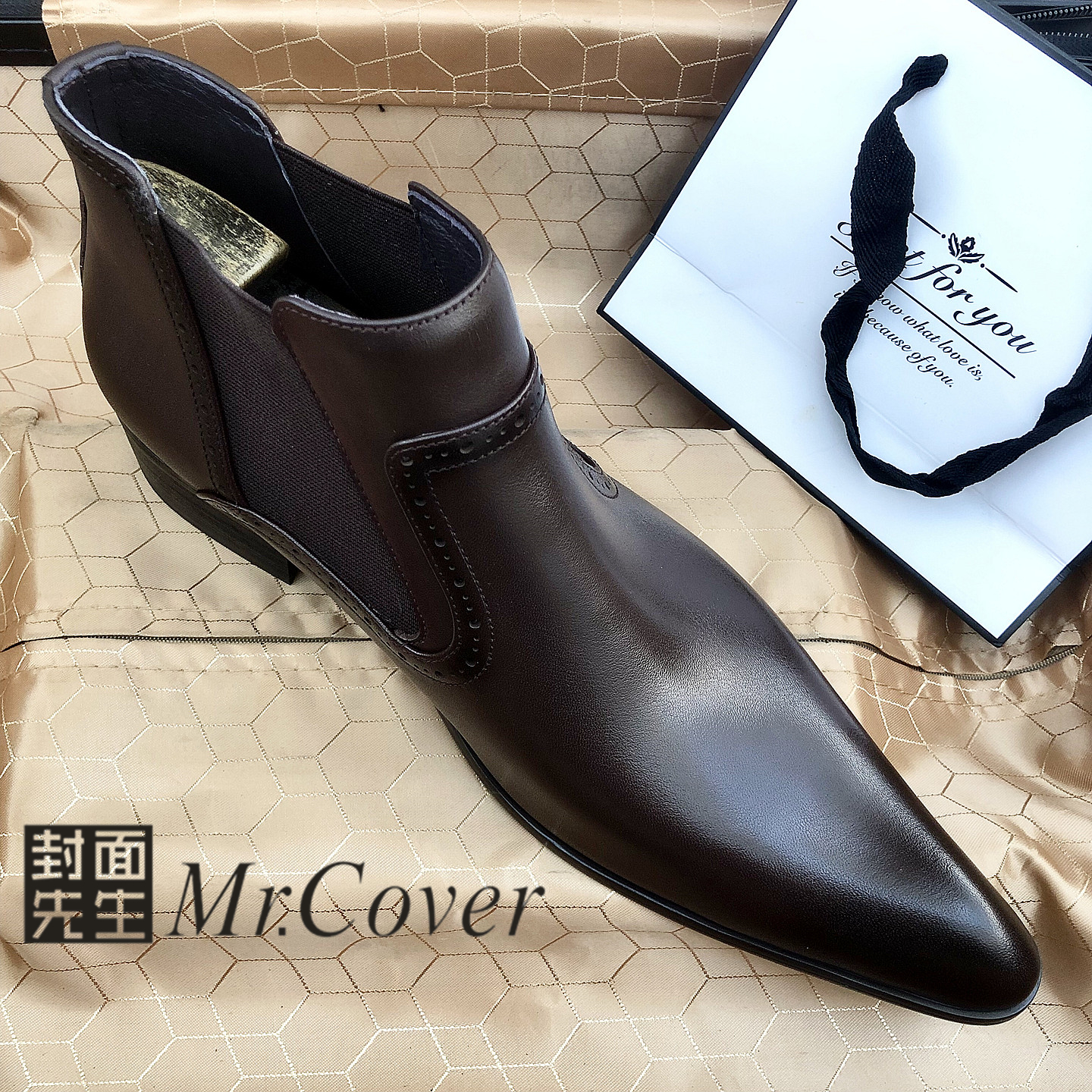 英伦风真皮切尔西靴男尖头商务短靴潮男高帮商务正装皮鞋马丁靴子