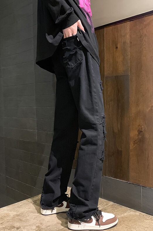 23春新款高街补丁毛边直筒显瘦牛仔裤黑白XZ606-K142-P60控78,男装牛仔裤,星座603-2