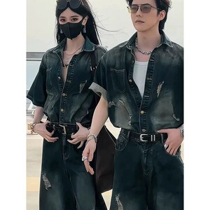 LDD夏季新品美式复古水洗破洞短袖牛仔衬衫套装男痞帅休闲长裤图片