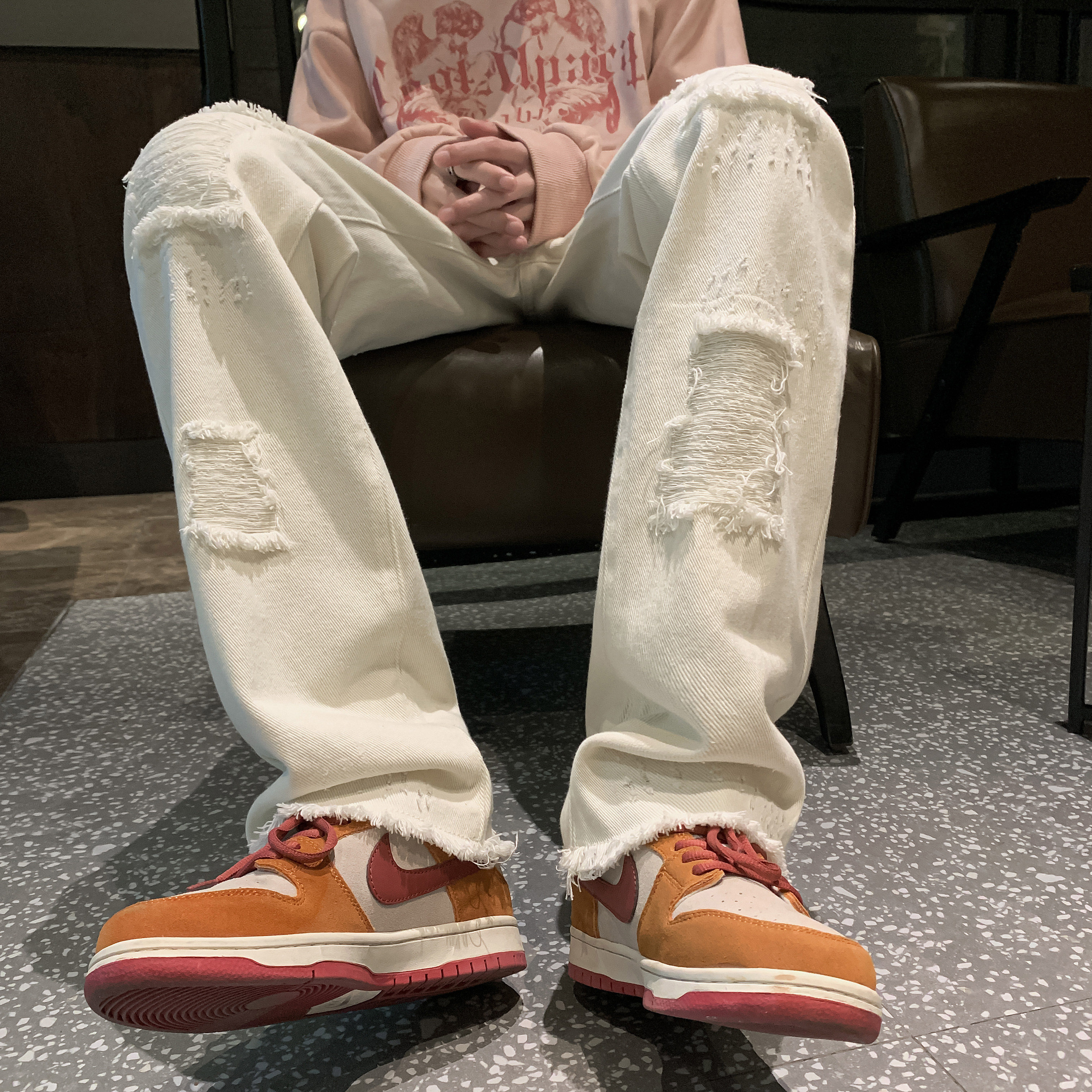 23春新款高街补丁毛边直筒显瘦牛仔裤黑白XZ606-K142-P60控78,男装牛仔裤,星座603-2