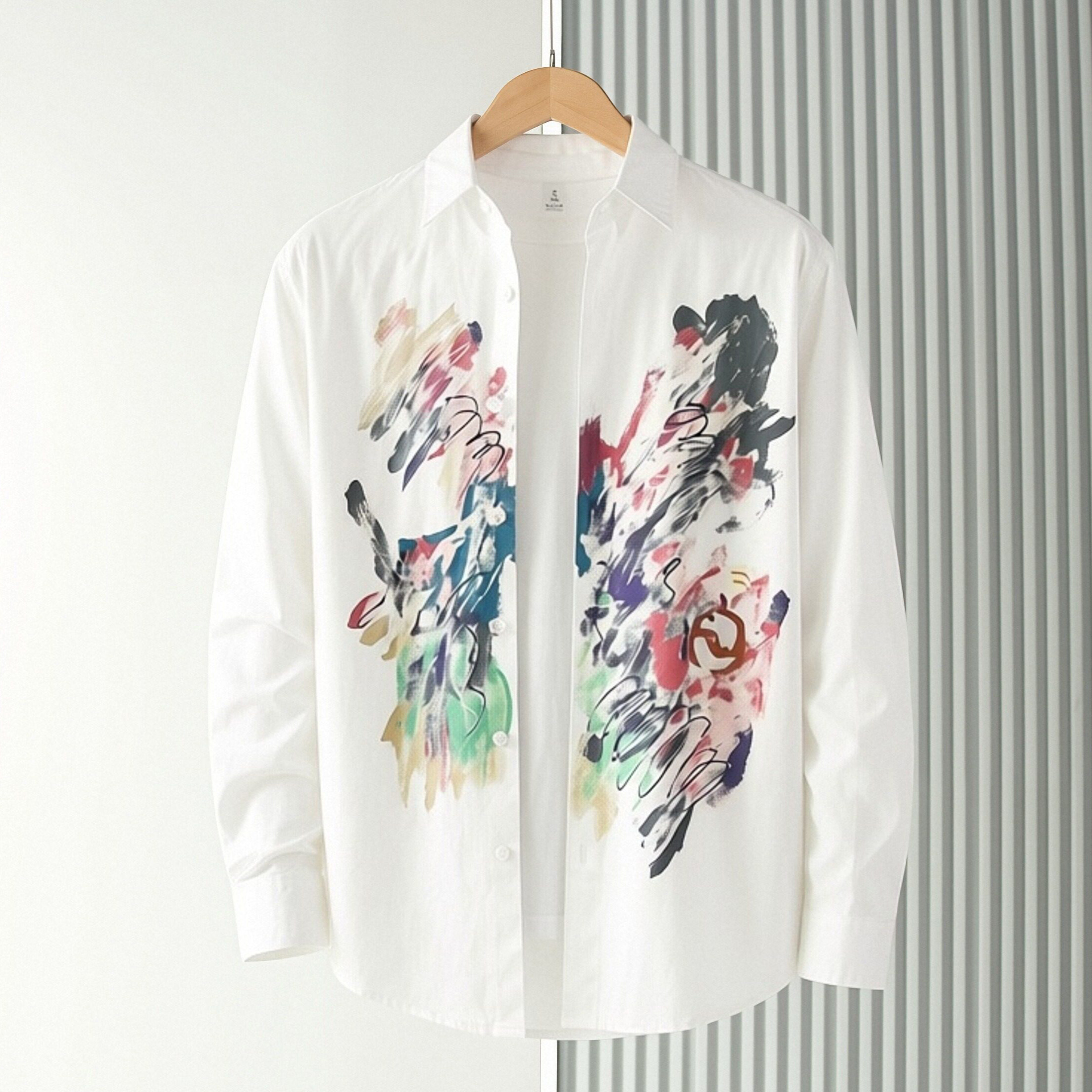 春季日系复古彩绘涂鸦纯棉长袖衬衫男宽松休闲衬衣外套上衣高级感,男装,汉服,淘宝优惠券,粉丝福利购,淘宝优惠卷