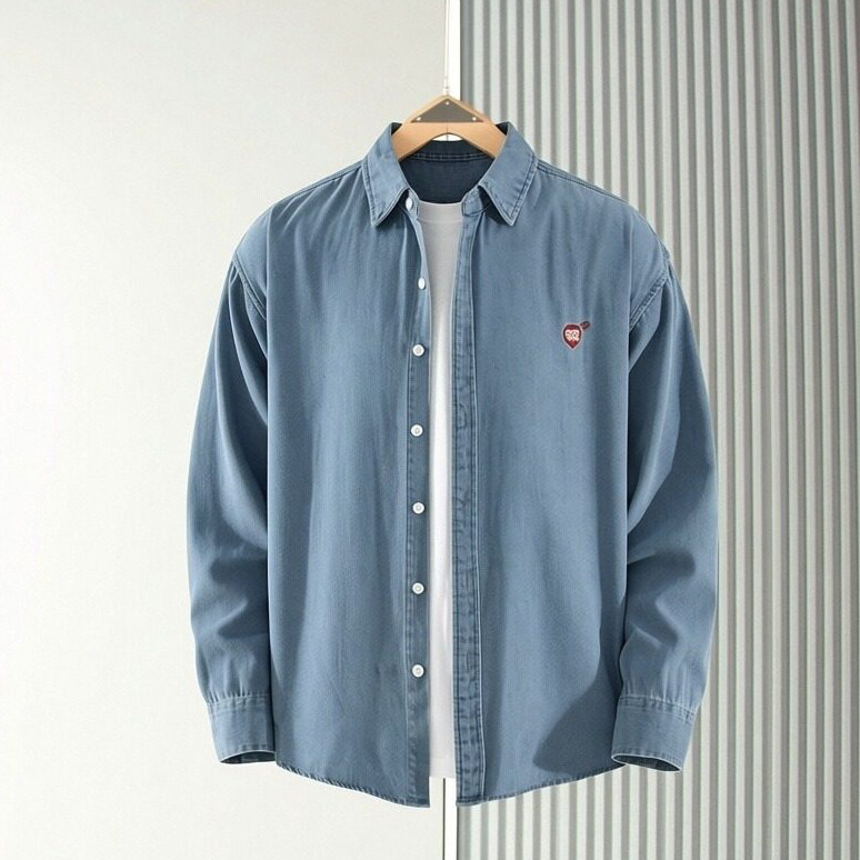 春季日系复古刺绣牛仔长袖衬衫男宽松休闲衬衣外套高级感上衣百搭,男装,汉服,淘宝优惠券,粉丝福利购,淘宝优惠卷