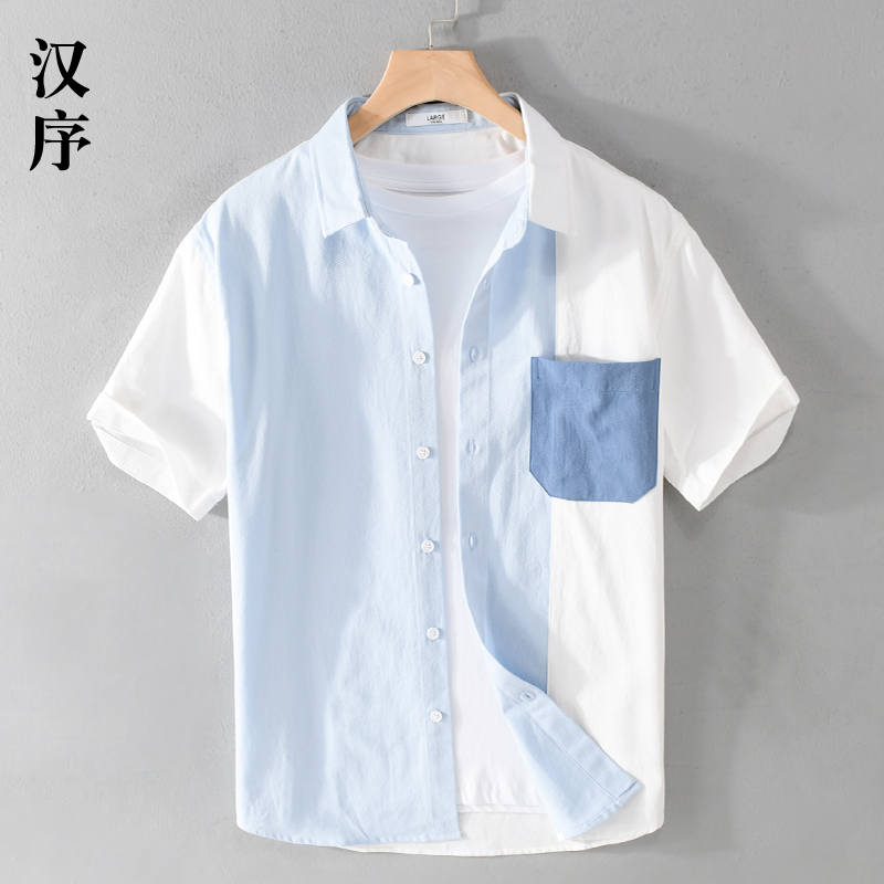 夏季潮牌复古拼色短袖衬衫男日系拼接纯棉半袖衬衣男薄款休闲上衣