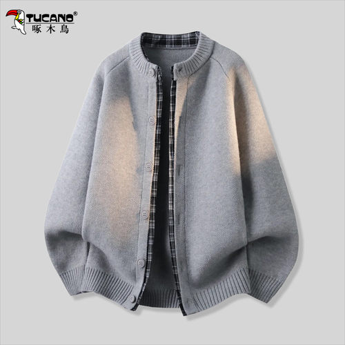啄木鸟圆领格子毛衣服针织外套男