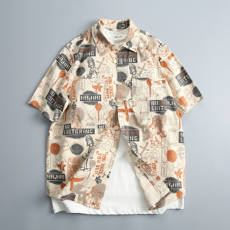 汉序夏季日系复古个性印花纯棉短袖衬衫男宽松休闲衬衣服外套薄款