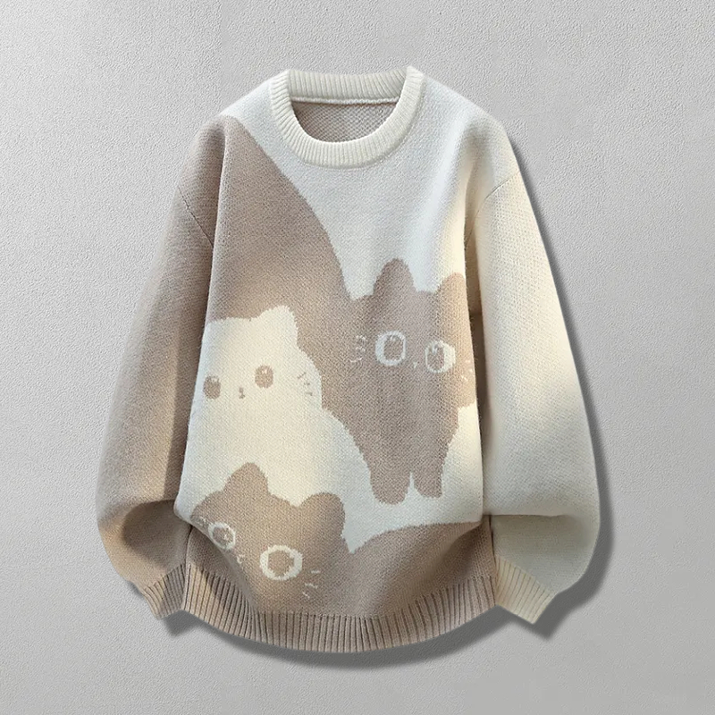 猫咪提花圆领套头毛衣外套针织男