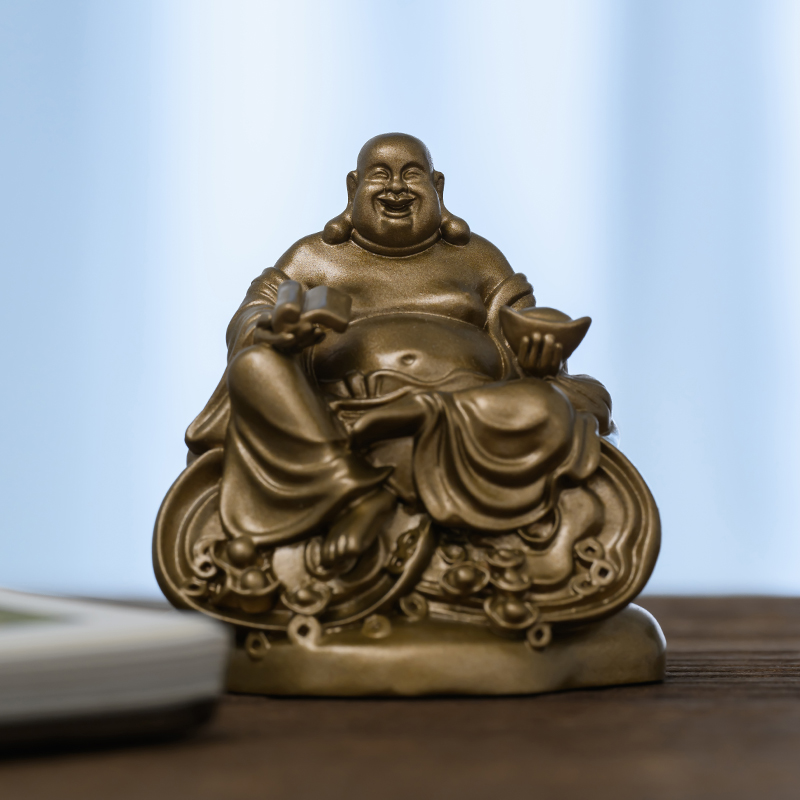 大肚弥勒像笑脸弥勒菩萨佛像黄铜像精致随身禅意书房茶空间装饰品